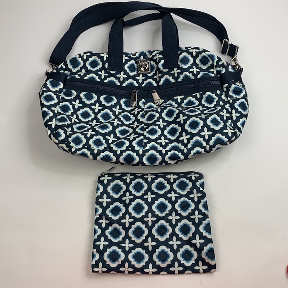 Brighton Handbags - Brighton Duffle Travel Gym Bag Navy Blue & white Zip close Matching Pouch Zip